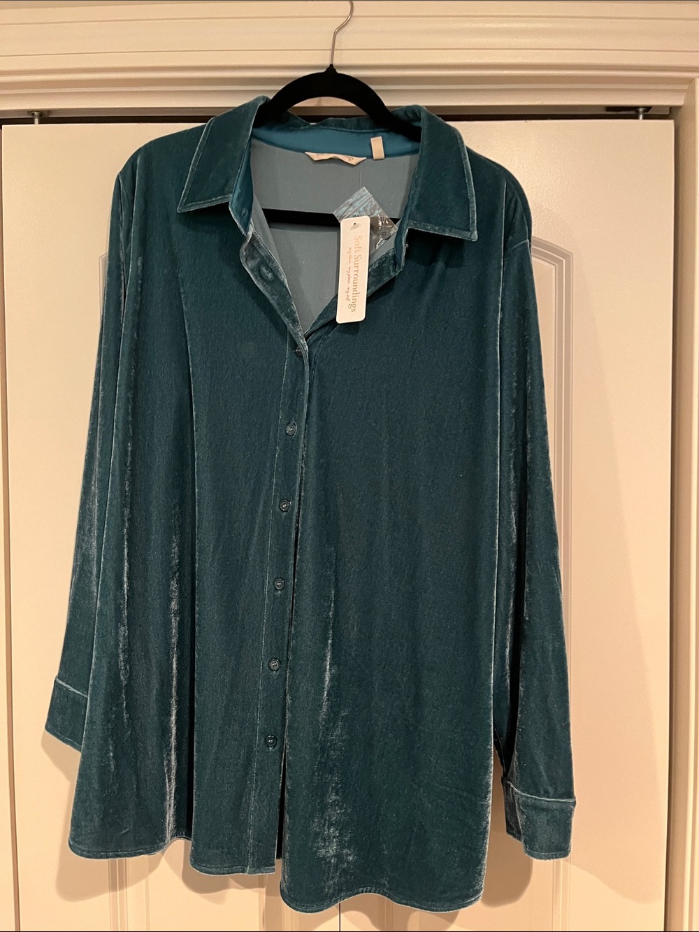 Soft Surroundings Teal Velvet Button-Down Shirt